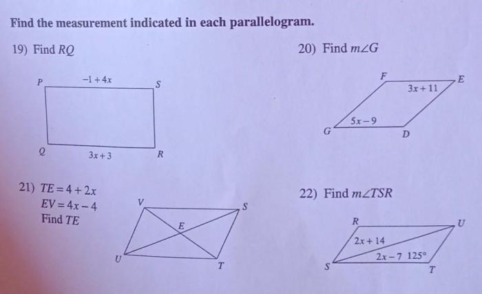 Parallelogram find indicated measurement each